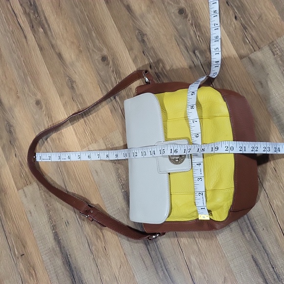 ISSAC MIZRAHI Cream Yellow Brown Color Block Leather Shoulder Bag - Picture 15 of 16